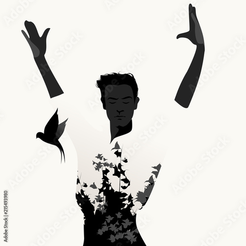 Silhouette of Spanish Flamenco dancer man and flying swallow on white background