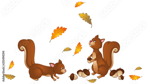 cute squirrels collecting acorns between oak leaves