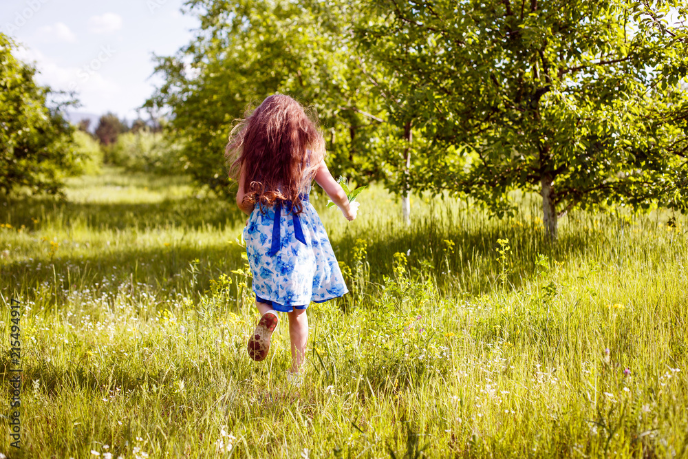 little girl in a dress with blue flowers runs in the meadow and rejoices little girl in a dress with blue flowers runs in the meadow and rejoices