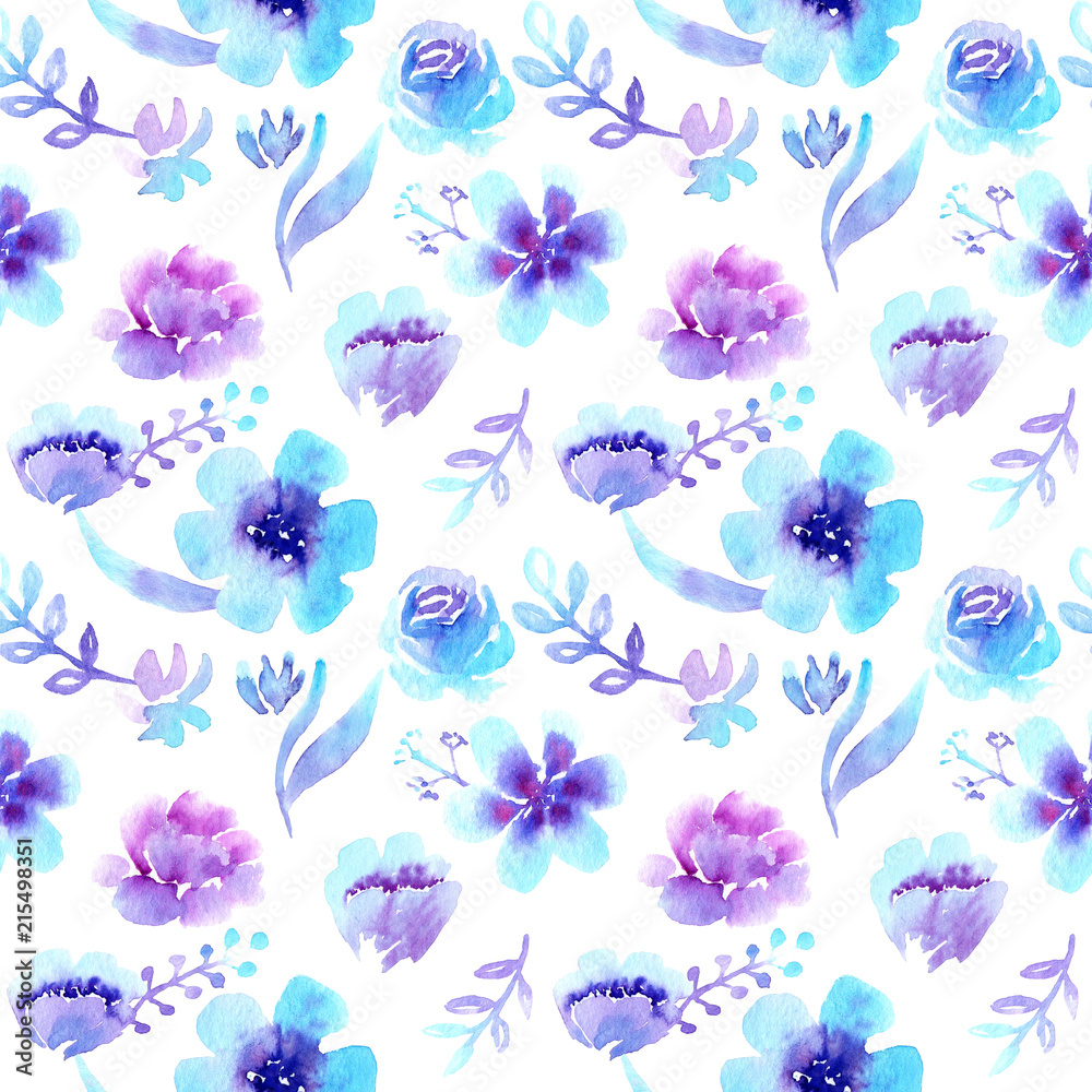 watercolor patterns seamless pattern, violet-blue flowers