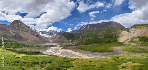 mountains glacier river summer panorama