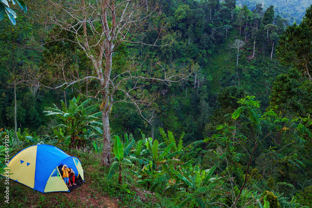Young woman, little kid look from camping tent at scenic rainforest view. Hiking activity, travel adventure with child, exploring tropical jungle nature on family summer vacation, weekend walking tour