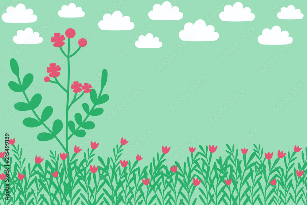 Tree with red flower and grass pattern on pastel green background with copy space in minimal abstract style look so sweet for wallpaper and all design in botanicals concept of environment and plants.