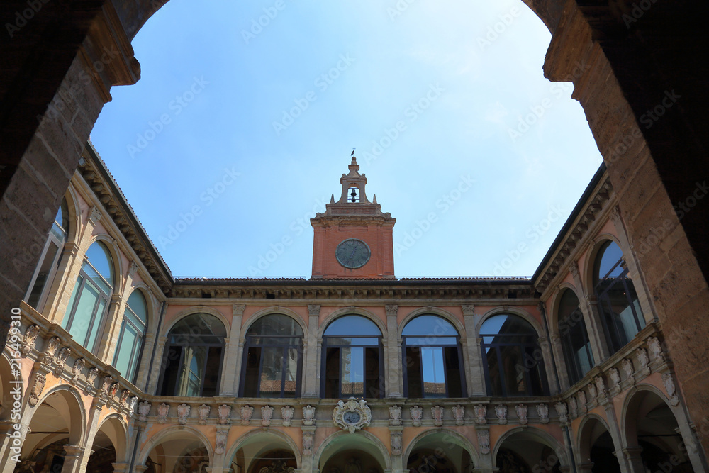 BOLOGNA, ITALY - MAY 20, 2018: The Palazzo of the Archiginnasio. The first permanent palace of the ancient University. Built in 1563

