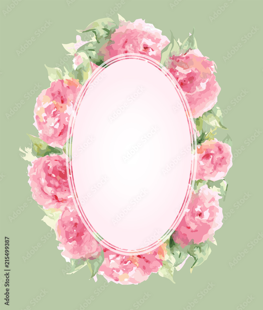 Watercolor pink tea rose peony flower floral composition frame border ...