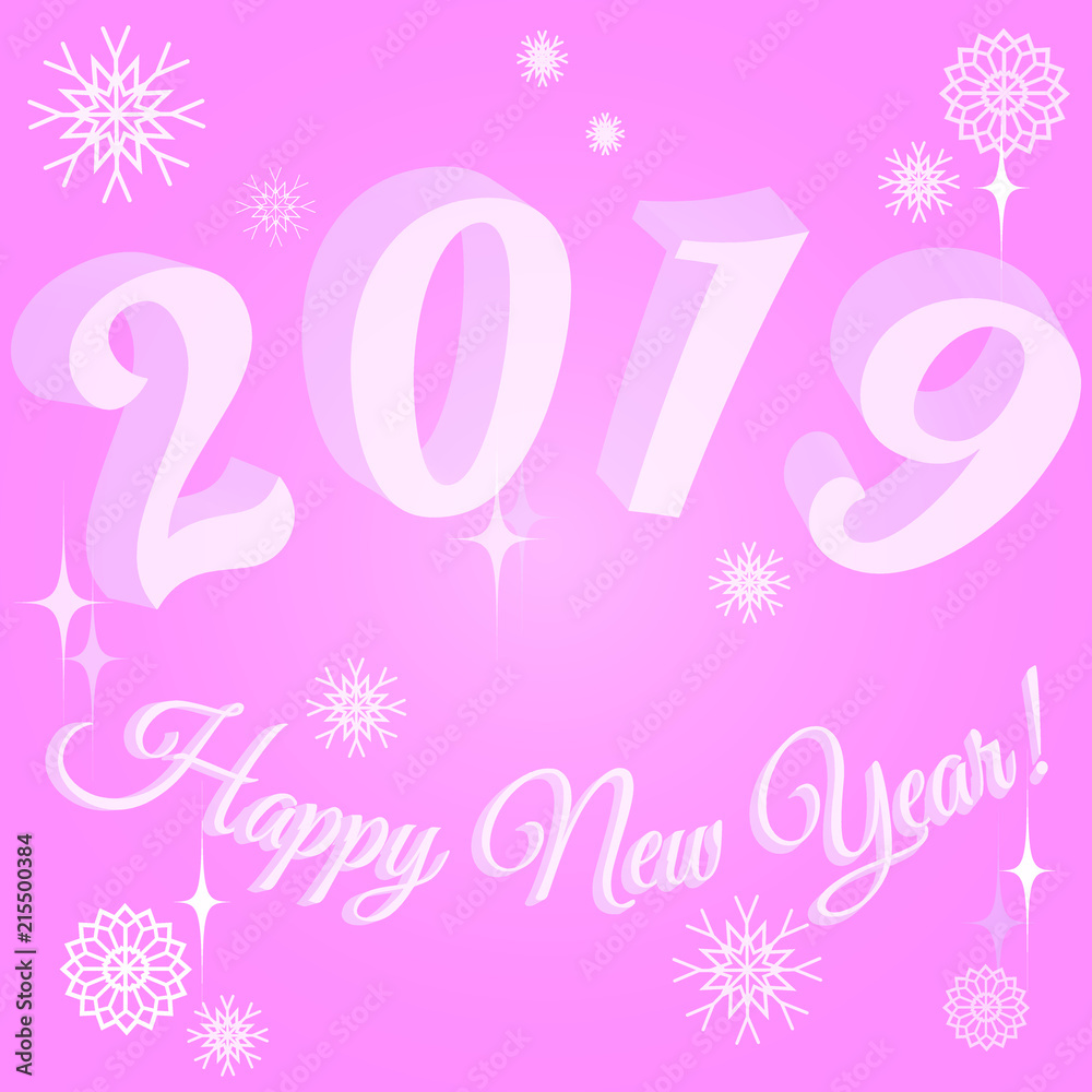 Happy New Year 2019. Сongratulatory poster with pastel voluminous figures on blurred sparkling background. Vector illustration for design of poster, postcard, flyer for Christmas or New Year.