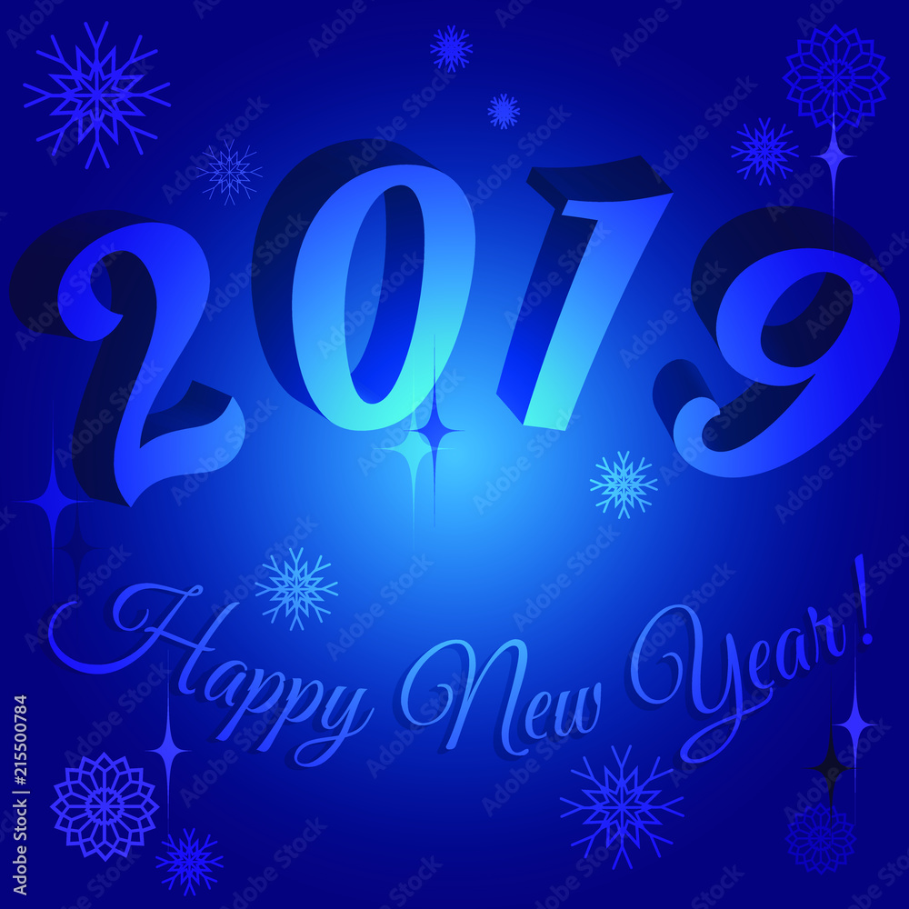Happy New Year 2019. Сongratulatory poster with pastel voluminous figures on blurred sparkling background. Vector illustration for design of poster, postcard, flyer for Christmas or New Year. Happy New Year 2019. Сongratulatory poster with pastel voluminous figures on blurred sparkling background. Vector illustration for design of poster, postcard, flyer for Christmas or New Year.
