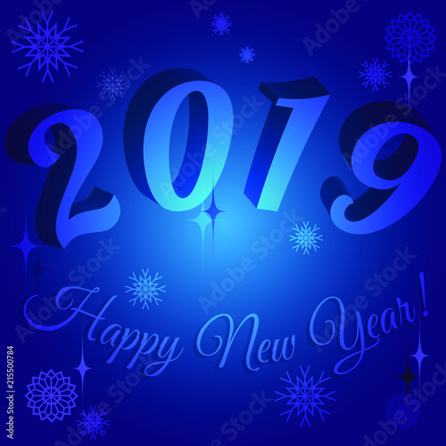 Happy New Year 2019. Сongratulatory poster with pastel voluminous figures on blurred sparkling background. Vector illustration for design of poster, postcard, flyer for Christmas or New Year.