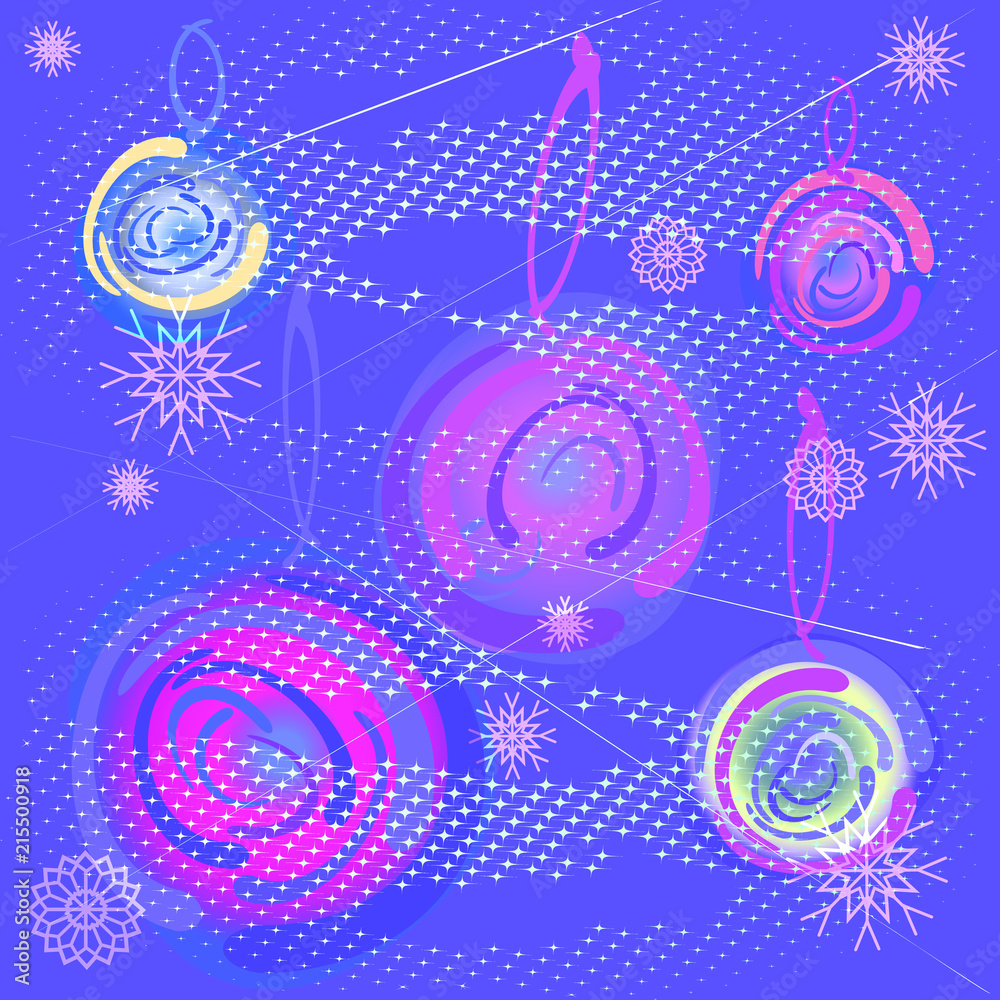 Pastel Christmas balls on sparkling halftone purple background. Abstract festive drawing, vector illustration for poster design, poster, advertising, textile, market, greeting cards, invitations.