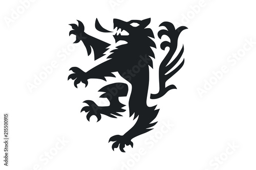 A pet dog or wolf animal in a rampant heraldic coat of arms pose standing on hind legs