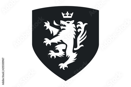 A pet dog or wolf animal in a rampant heraldic coat of arms pose standing on hind legs