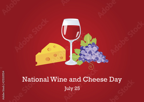 National Wine and Cheese Day vector. Red wine and cheese. Still life with wine, grapes and cheese. Important day