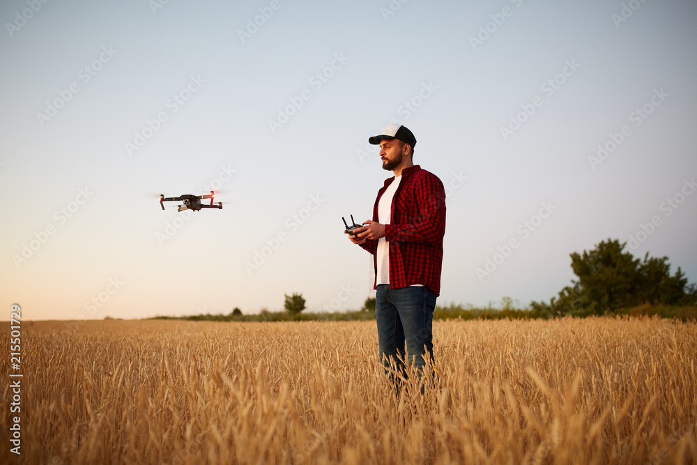 custom made wallpaper toronto digitalFarmer holds remote controller with his hands while quadcopter is flying on background. Drone hovers behind the agronomist in wheat field. Agricultural new technologies and innovations. Back view