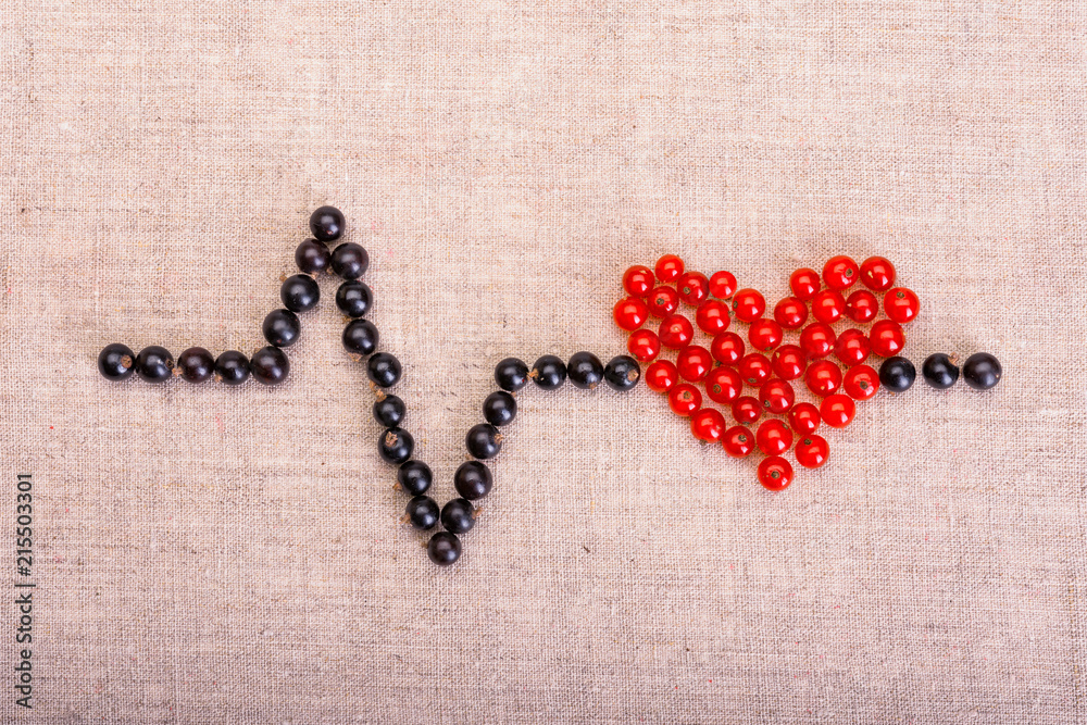 Concept health, vitamins and diet. Berries of black and red currants isolated on sackcloth. Berries in the form of cardiogram and heart. Enhance immunity and strengthen the cardiovascular system