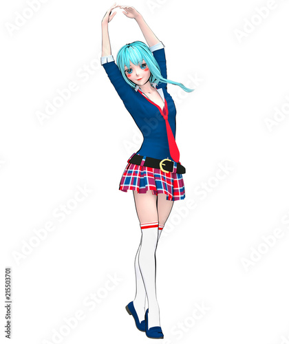 3D sexy anime doll japanese anime schoolgirl big blue eyes and bright makeup. Skirt cage. Cartoon, comics, sketch, drawing, manga illustration. Conceptual fashion art. Seductive candid pose. © vladnikon