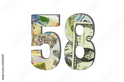 58 Number Different Worlds Banknotes. Background for business. Money concept