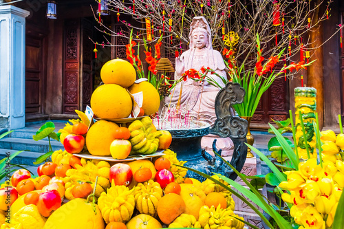 Fruits sacrifice in the One Pillar Pagoda, Hanoi in Vietnam