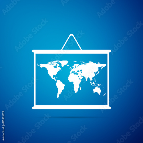 World map on a school blackboard icon isolated on blue background. Drawing of map on chalkboard. Flat design. Vector Illustration