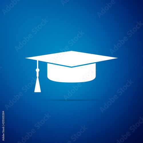 Graduation cap icon isolated on blue background. Graduation hat with tassel icon. Flat design. Vector Illustration