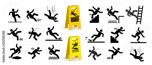 Set of caution symbols with stick figure man falling. Falling down the stairs and over the edge. Wet floor, tripping on stairs. Workplace safety. Vector illustration. Isolated on white background