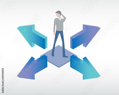 Man in doubt choosing the best way to solve a problem. Business solution concept vector illustration.
