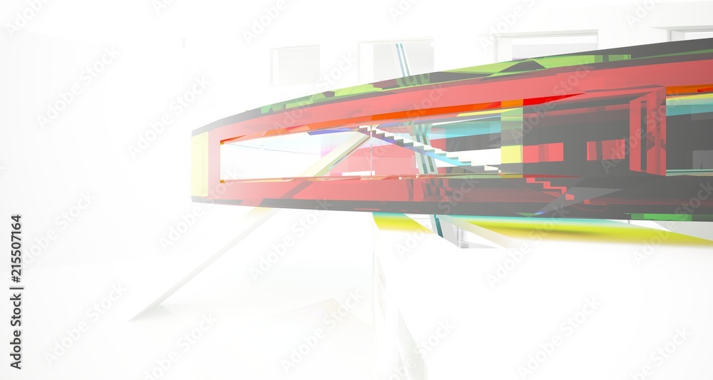 Fototapeta premium Abstract white and colored gradient glasses interior multilevel public space with window. 3D illustration and rendering.