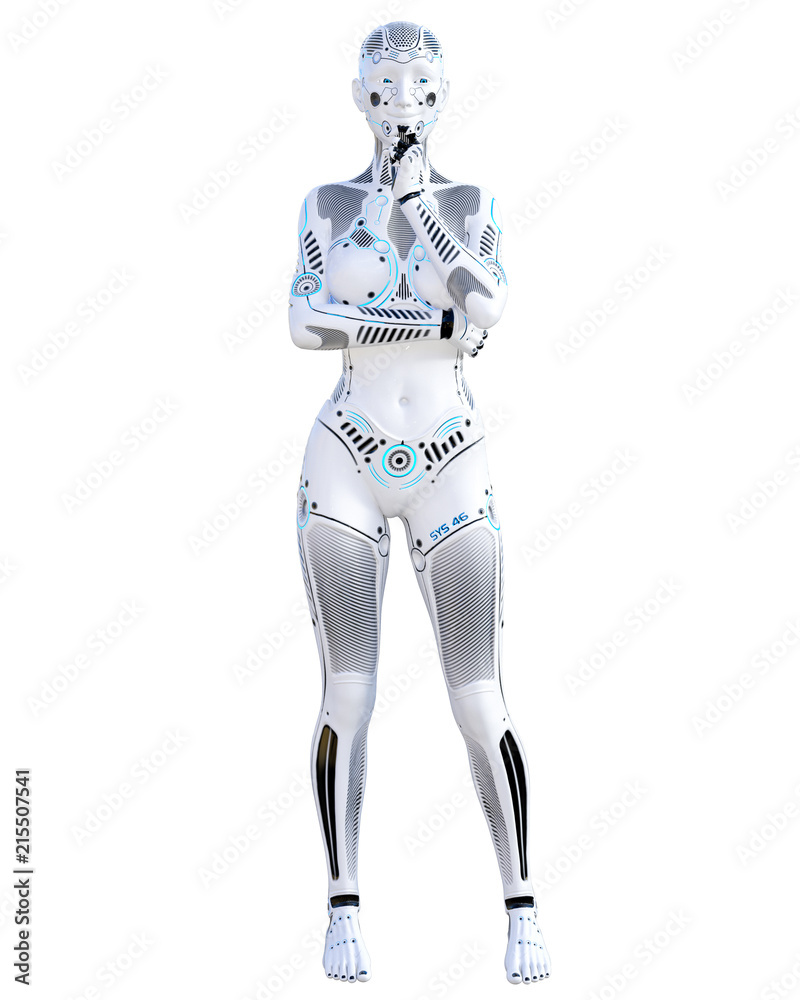 Robot woman. Metal droid. Artificial Intelligence. Conceptual fashion art. Realistic 3D render illustration. Studio, isolate, high key. Robot woman. Metal droid. Artificial Intelligence. Conceptual fashion art. Realistic 3D render illustration. Studio, isolate, high key.