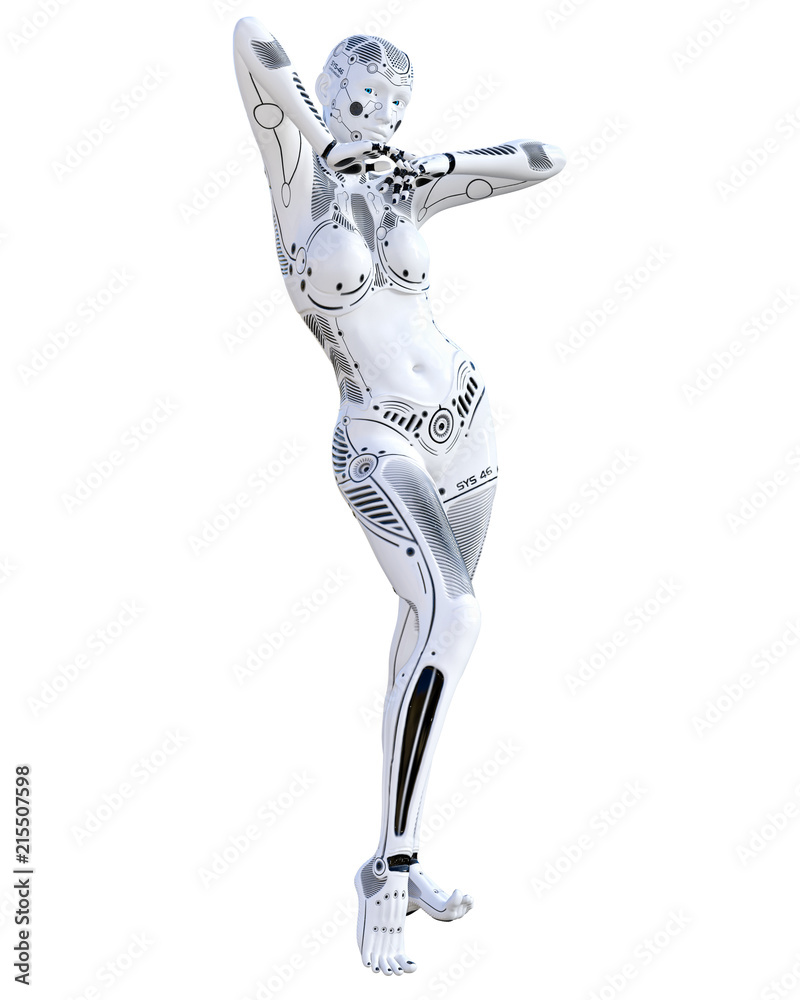 Robot woman. Metal droid. Artificial Intelligence. Conceptual fashion art. Realistic 3D render illustration. Studio, isolate, high key. Robot woman. Metal droid. Artificial Intelligence. Conceptual fashion art. Realistic 3D render illustration. Studio, isolate, high key.