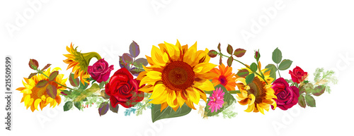 Horizontal autumn’s border: orange, yellow sunflowers, red roses, gerbera daisy flowers, small green twigs on white background. Digital draw, illustration in watercolor style, panoramic view, vector