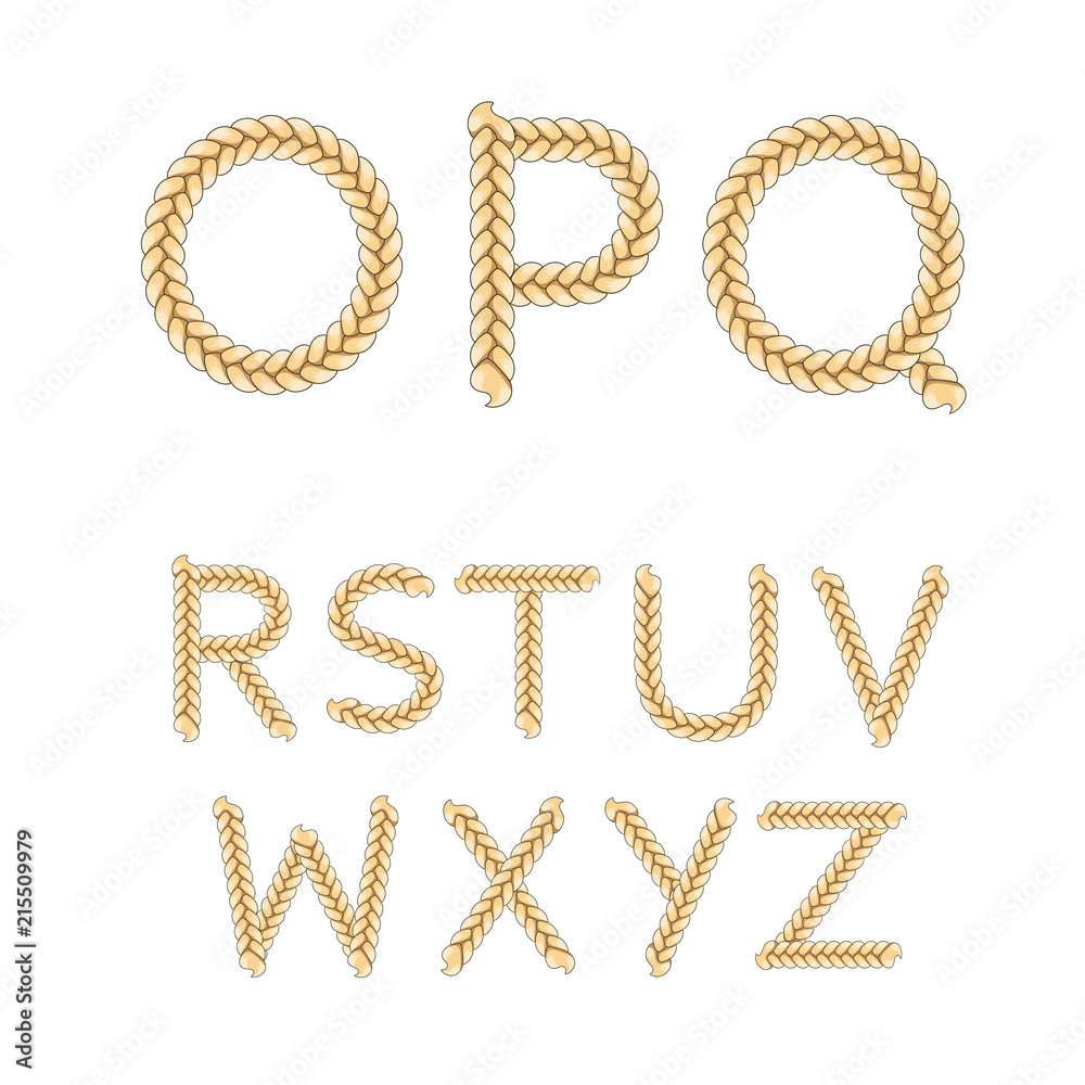 Alphabet from braids, letters from O to Z. Isolated vector objects on white background.