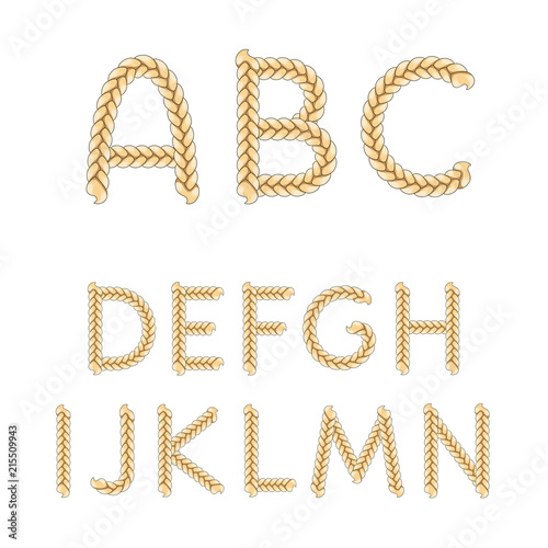 Alphabet from braids, letters from A to N. Isolated vector objects on white background.