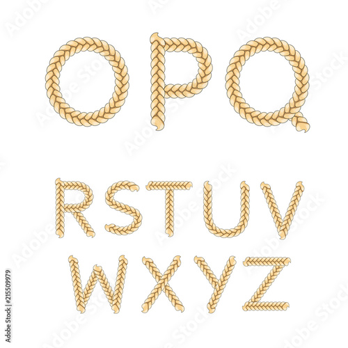 Alphabet from braids, letters from O to Z. Isolated vector objects on white background.