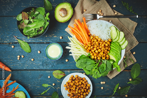 ingredient set for cooking vegan food, fried chickpeas, rice noodles with wegetables photo