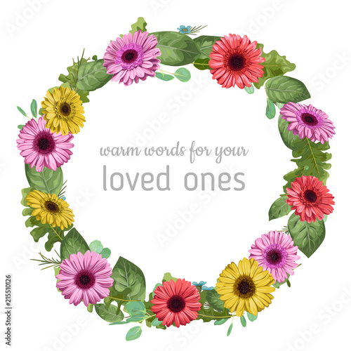 Designer vector watercolor floral frame wreath. Colored gerbera, eucalyptus and rose leaves, waxy flowers isolated on white background