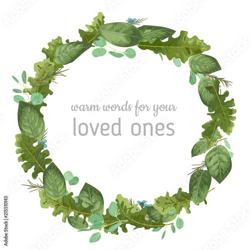 Beautiful round frame wreath watercolor vector from foliage. Green rose leaves, eucalyptus, gerbera with blue wax flowers isolated on white