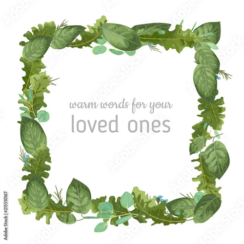Festive square watercolor vector frame from foliage. Green rose leaves, eucalyptus, gerbera with blue wax flowers isolated on white background