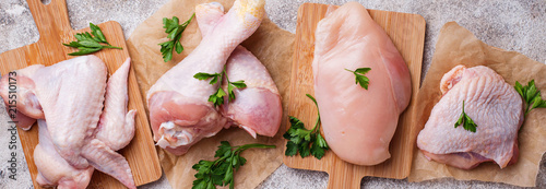 Fényképezés Raw chicken meat fillet, thigh, wings and legs