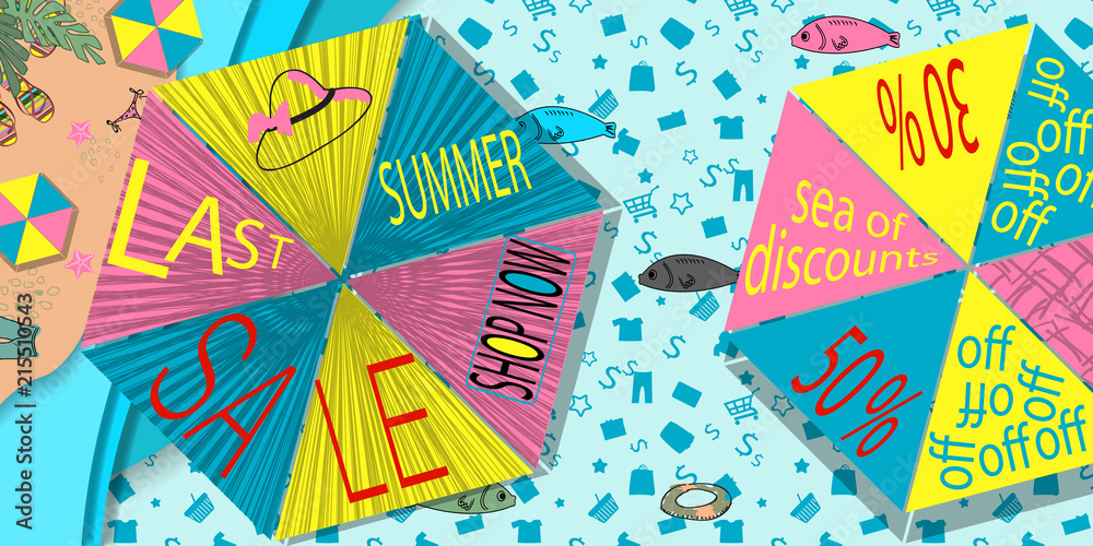 Fototapeta premium Summer sale banner design with tropical beach top view background