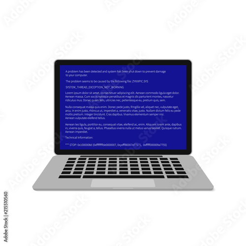 Laptop with blue screen of death (BSOD). System crash report. Fatal error of software or hardware. Broken computer vector illustration. Easy to edit template for your design projects.