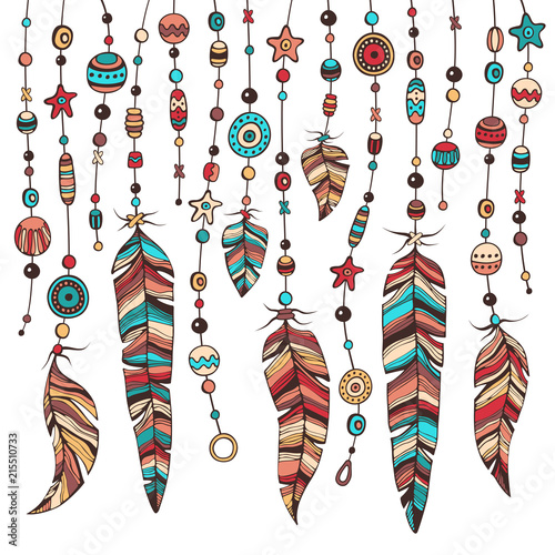 Hand drawn illustration of dream catcher with feathers and beads