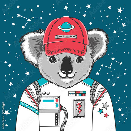 Vector illustration of astronaut koala in space uniform on stars