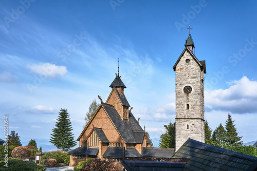 Stone tower and the wooden temple Wang, Poland .
