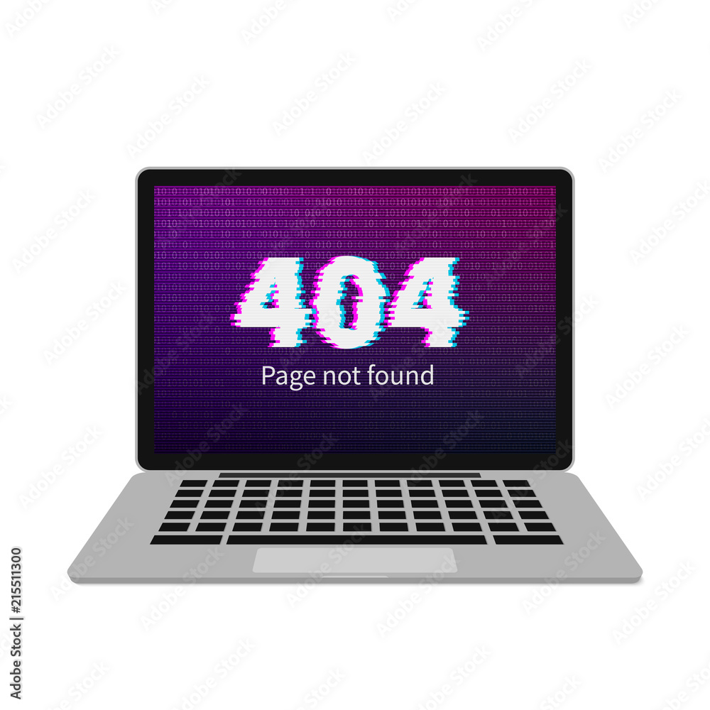 404 Error On Laptop Screen With Glitch Effect Page Not Found Binary Code Wallpaper Distorted Writing Vector Illustration Stock Vector Adobe Stock