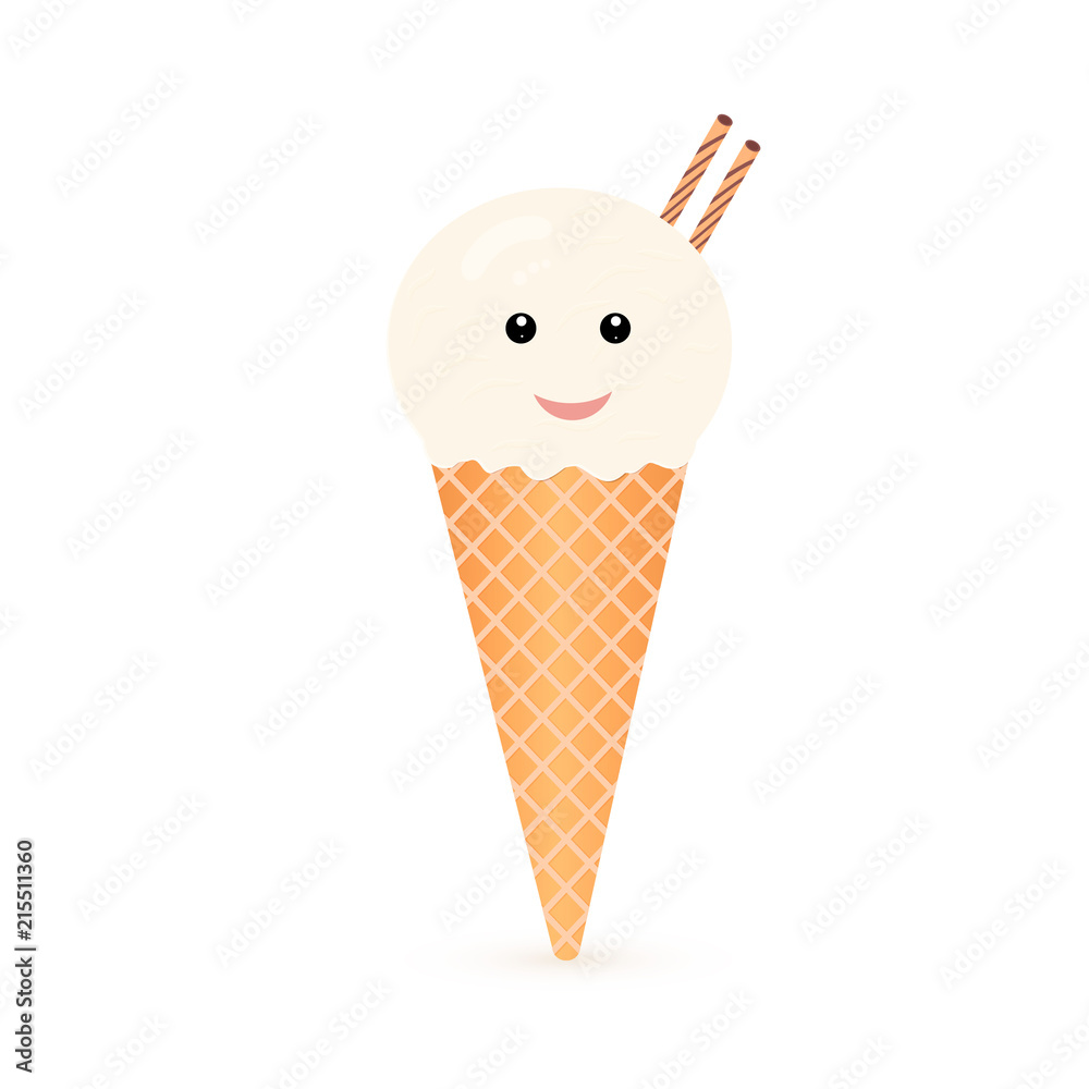 Cute cartoon ice cream. Cone ball of vanilla icecream with eyes and lips. Summer dessert concept. Funny vector illustration. Cute cartoon ice cream. Cone ball of vanilla icecream with eyes and lips. Summer dessert concept. Funny vector illustration.