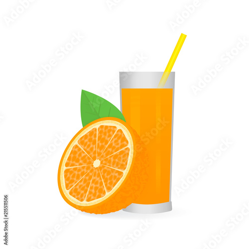 Fresh orange fruit with leaf and glass of juice isolated on white background. Healthy lifestyle and vegetarian food concept. Vector illustration.