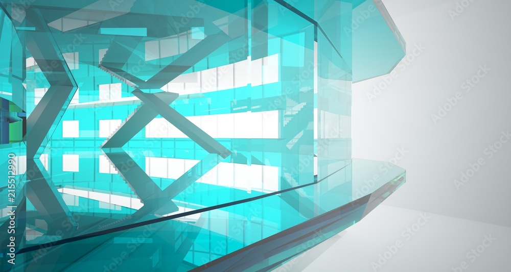 Obraz premium Abstract white and colored gradient glasses interior multilevel public space with window. 3D illustration and rendering.