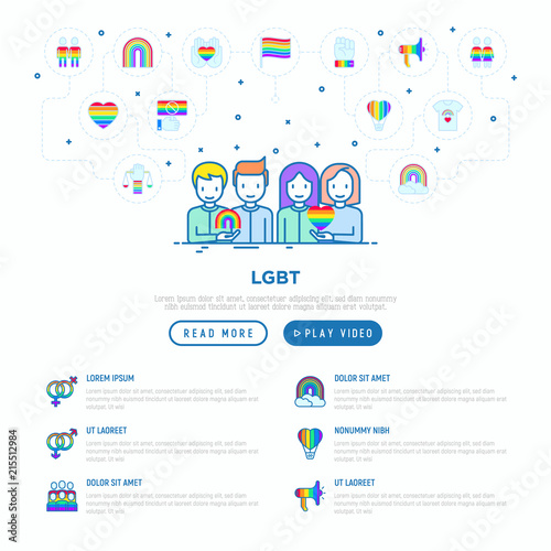 LGBT concept: gay couple with rainbow and lesbian couple with heart. Thin line icons: coming out, free love, support, LGBT rights. Modern vector illustration, web page template.