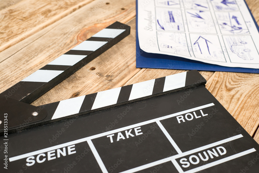 clapperboard, storyboard on wood