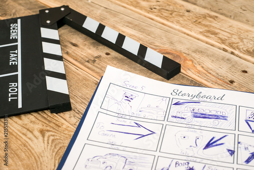 clapperboard, storyboard on wood photo
