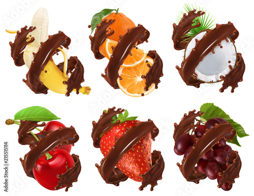 Fruits and berries in chocolate splash. Banana, orange, coconut, cherry, strawberry, grapes 3d realistic vector